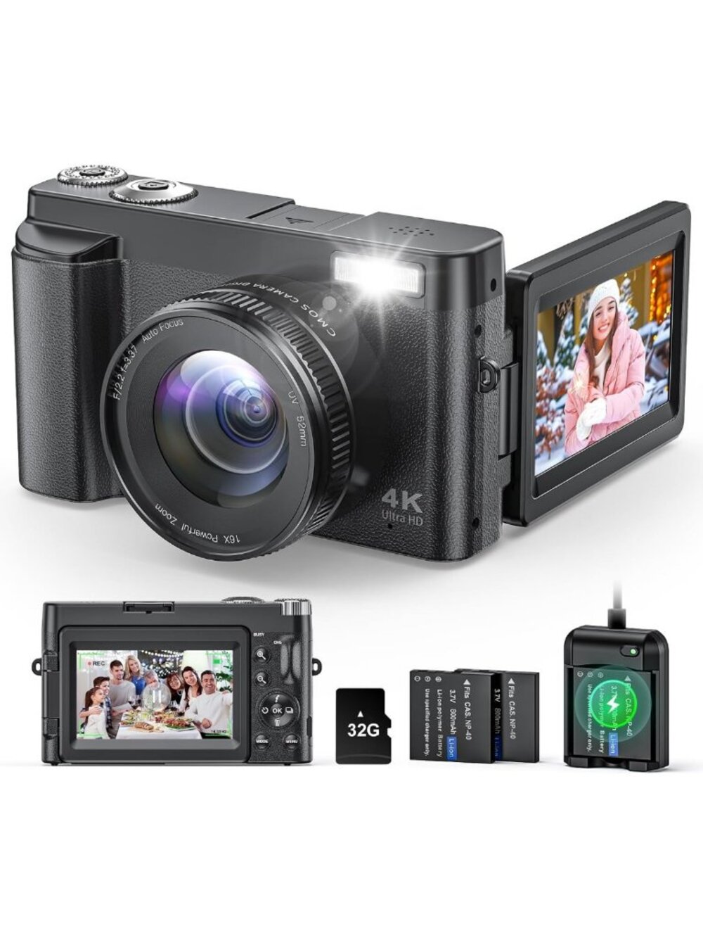 4K Digital Camera for Beginners & Teens, Flip Screen, 32GB Memory Card, Compact